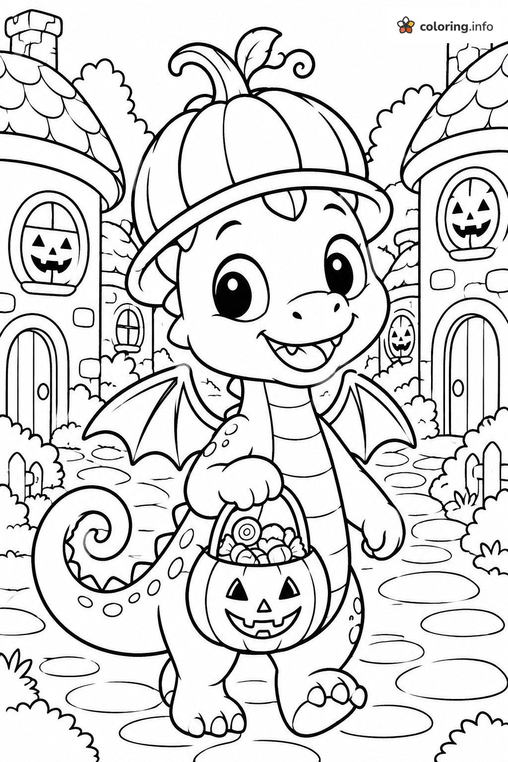 Baby Dragon Out Trick-or-Treating for Halloween in a Pumpkin Hat coloring page Baby Dragon Out Trick-or-Treating for Halloween in a Pumpkin Hat coloring page
