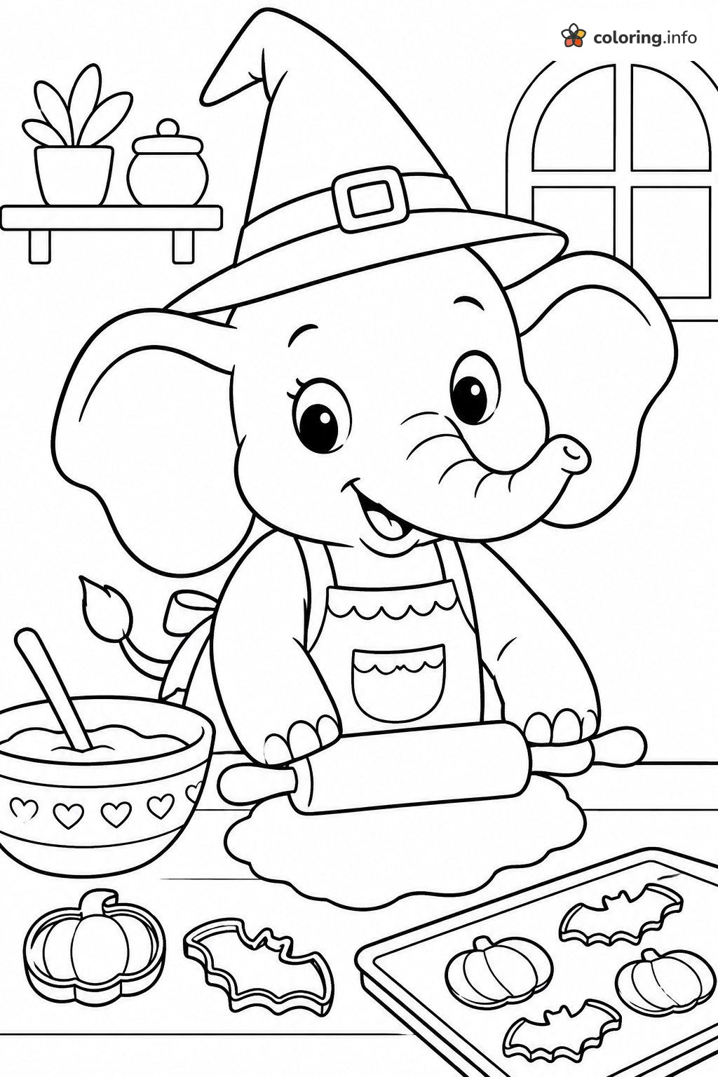 Baking Halloween Cookies with a Baby Elephant Witch coloring page Baking Halloween Cookies with a Baby Elephant Witch coloring page