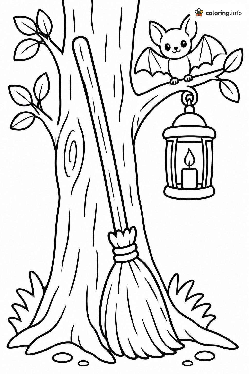 Halloween Bat on a Branch with Hanging Lantern and Broom coloring sheet Halloween Bat on a Branch with Hanging Lantern and Broom coloring sheet