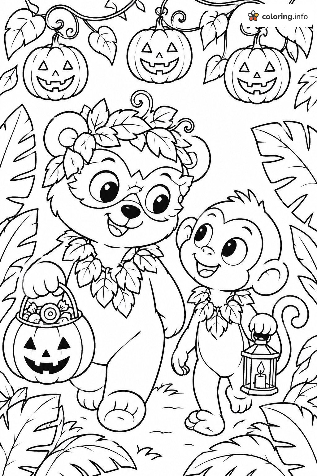 Bear and Monkey Halloween Trick-or-Treat in the Jungle printable coloring page Bear and Monkey Halloween Trick-or-Treat in the Jungle printable coloring page