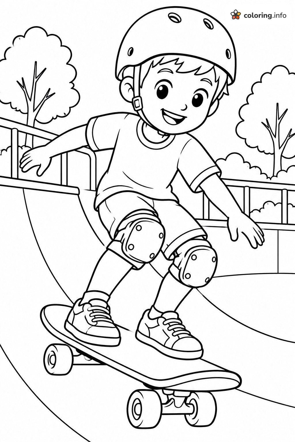 Helmeted Boy on a Skateboard Ramp: Sports Coloring Page Helmeted Boy on a Skateboard Ramp: Sports Coloring Page