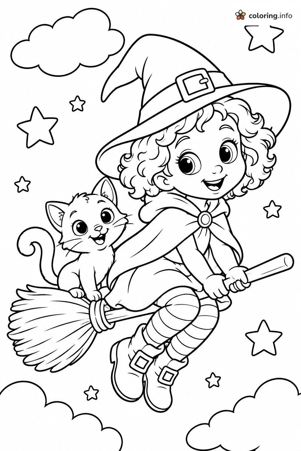 Curly-Haired Witch and Kitten on a Broomstick, Halloween Night coloring page Curly-Haired Witch and Kitten on a Broomstick, Halloween Night coloring page