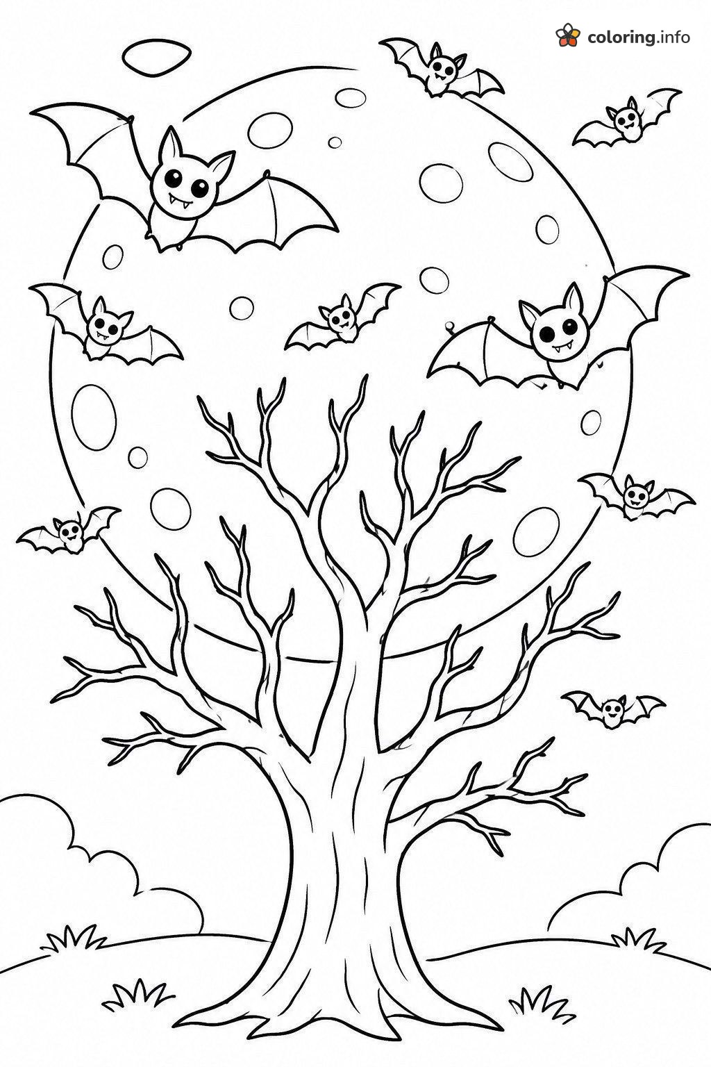 Cute Halloween Bats Around a Big Moon and Bare Tree coloring page Cute Halloween Bats Around a Big Moon and Bare Tree coloring page