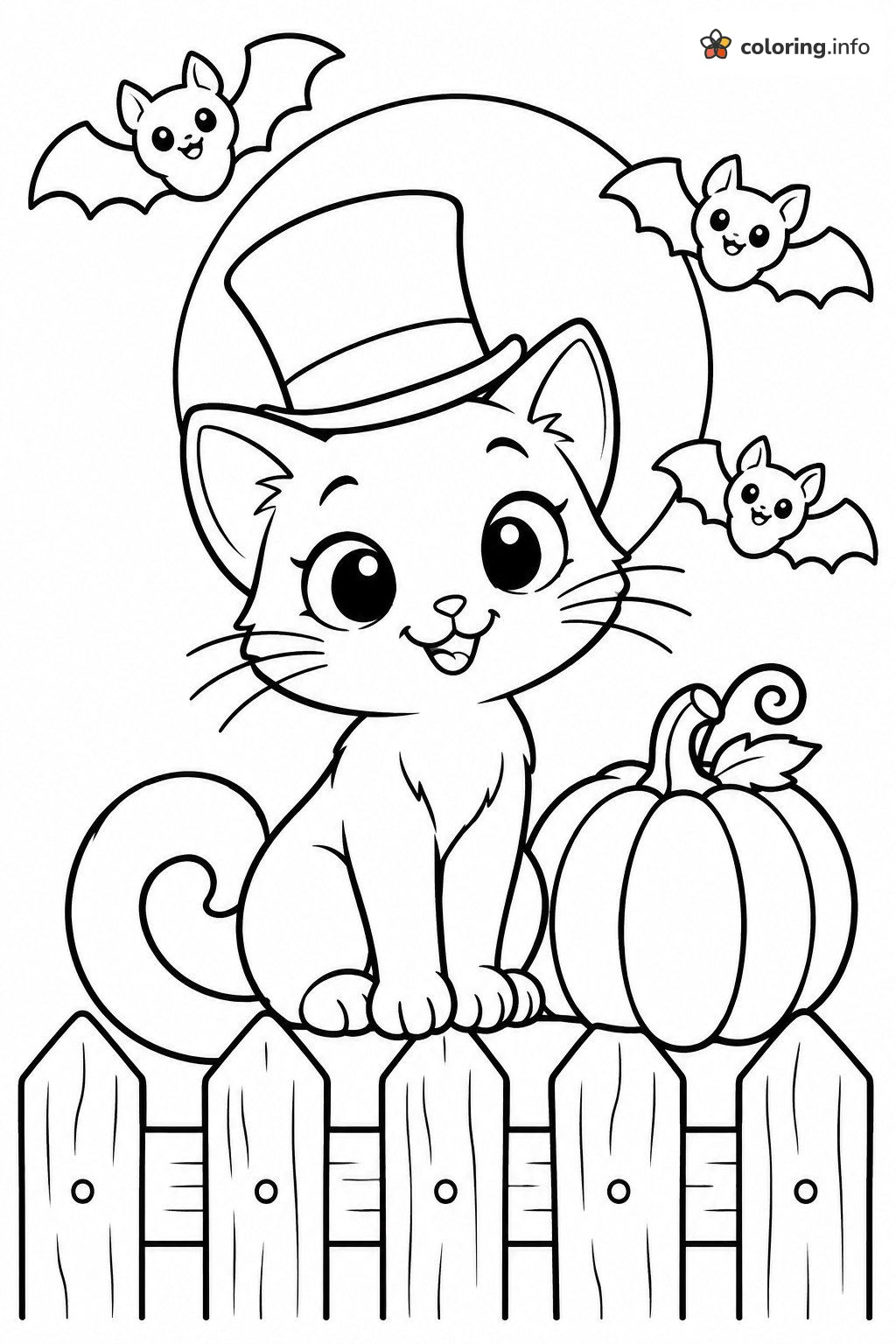 Top Hat Kitten on a Fence with a Halloween Pumpkin and Bats coloring page Top Hat Kitten on a Fence with a Halloween Pumpkin and Bats coloring page