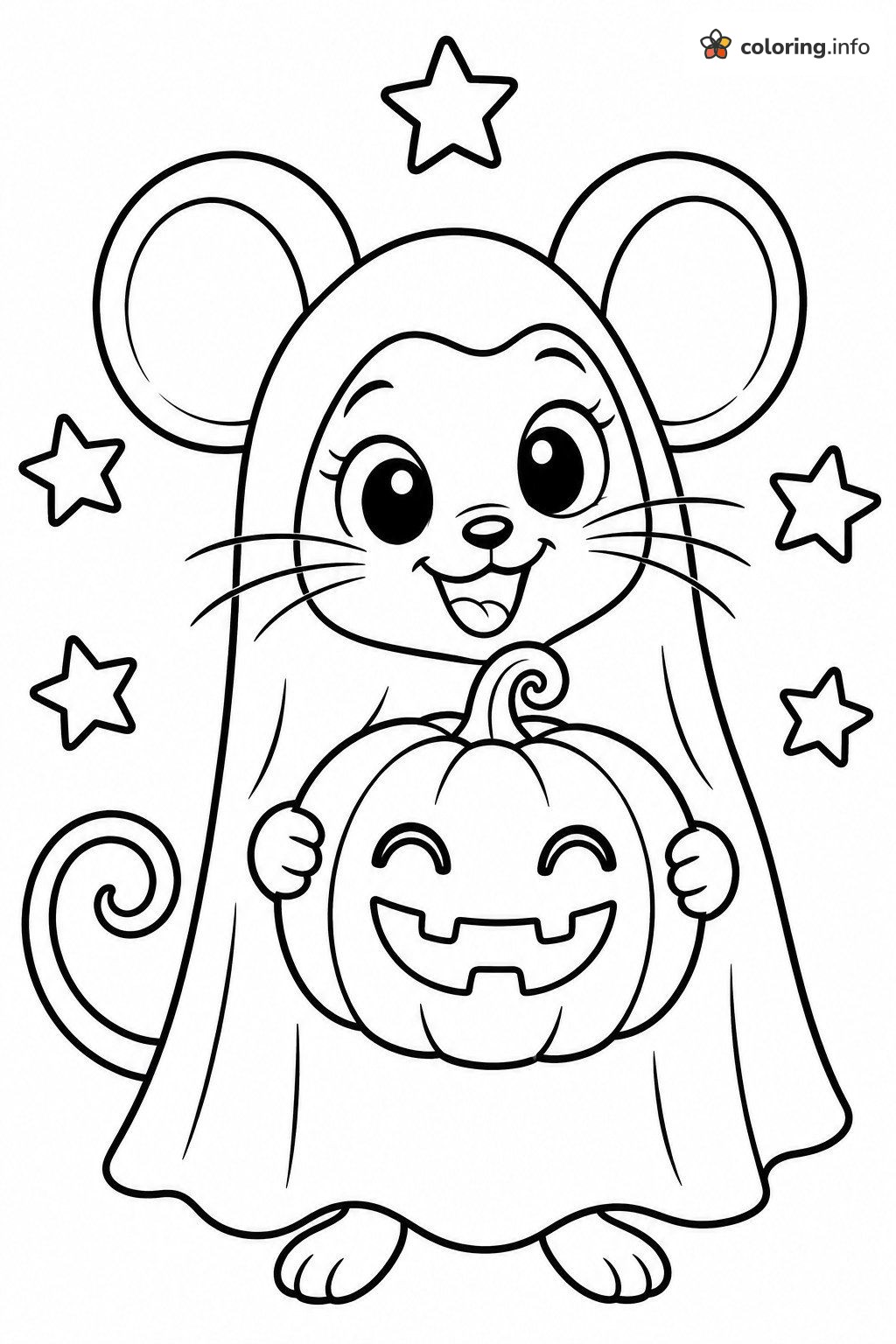 Ghost-Costume Mouse Holding a Halloween Pumpkin coloring sheet Ghost-Costume Mouse Holding a Halloween Pumpkin coloring sheet