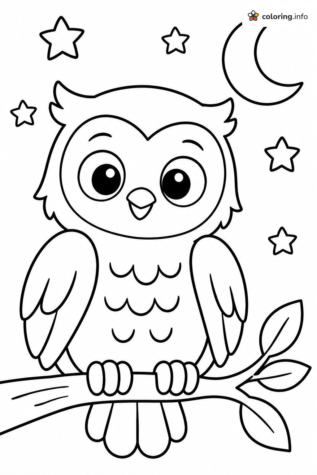 Night Owl on a Branch With Moon and Stars for Animals Fans coloring page Night Owl on a Branch With Moon and Stars for Animals Fans coloring page