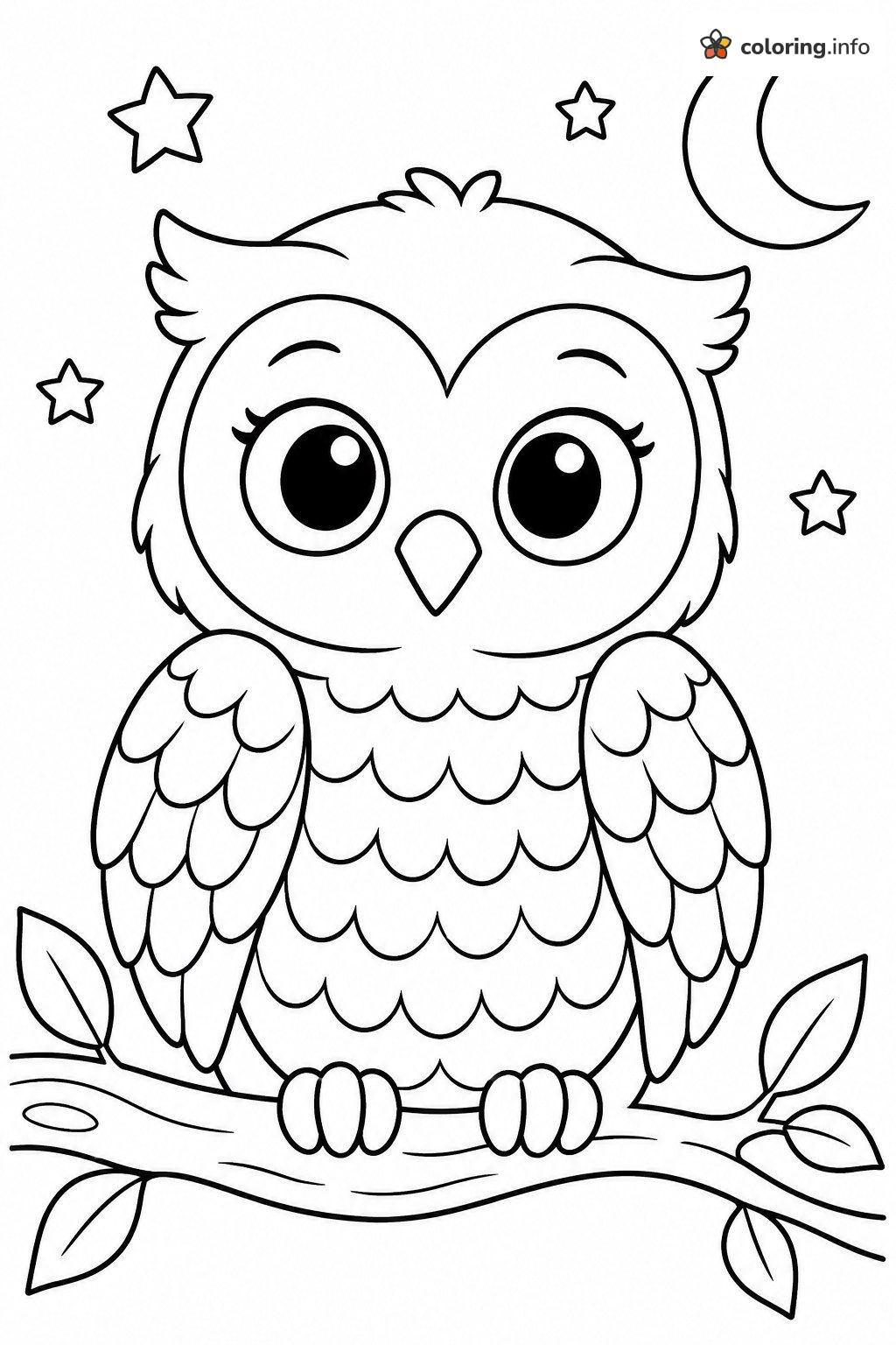 Wide-Eyed Baby Owl Animals Coloring Page with Moon and Stars coloring sheet Wide-Eyed Baby Owl Animals Coloring Page with Moon and Stars coloring sheet
