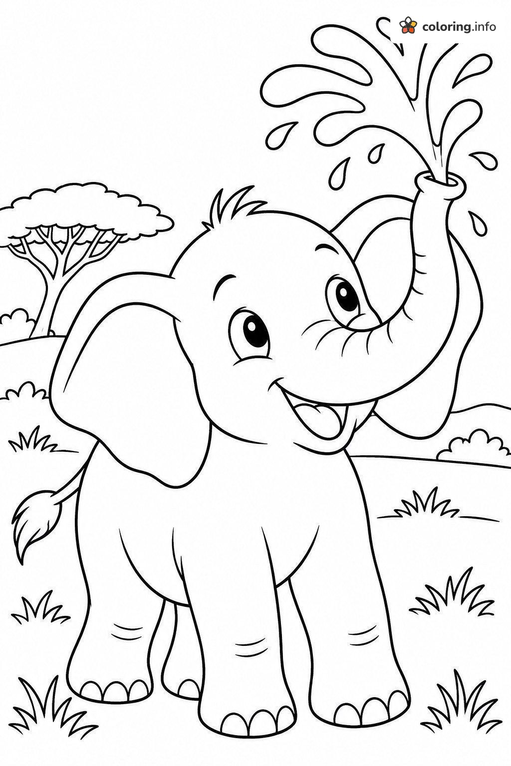 Happy Baby Elephant Spraying Water, Animals printable coloring page Happy Baby Elephant Spraying Water, Animals printable coloring page
