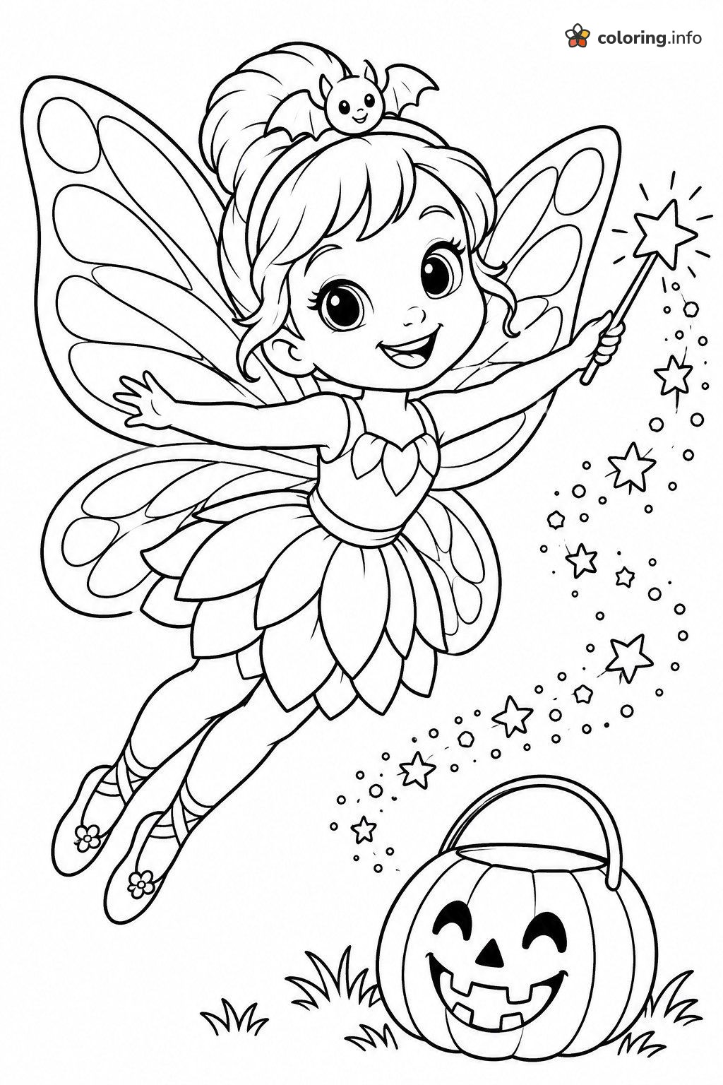Flying Fairy with a Star Wand and Halloween Pumpkin coloring page Flying Fairy with a Star Wand and Halloween Pumpkin coloring page