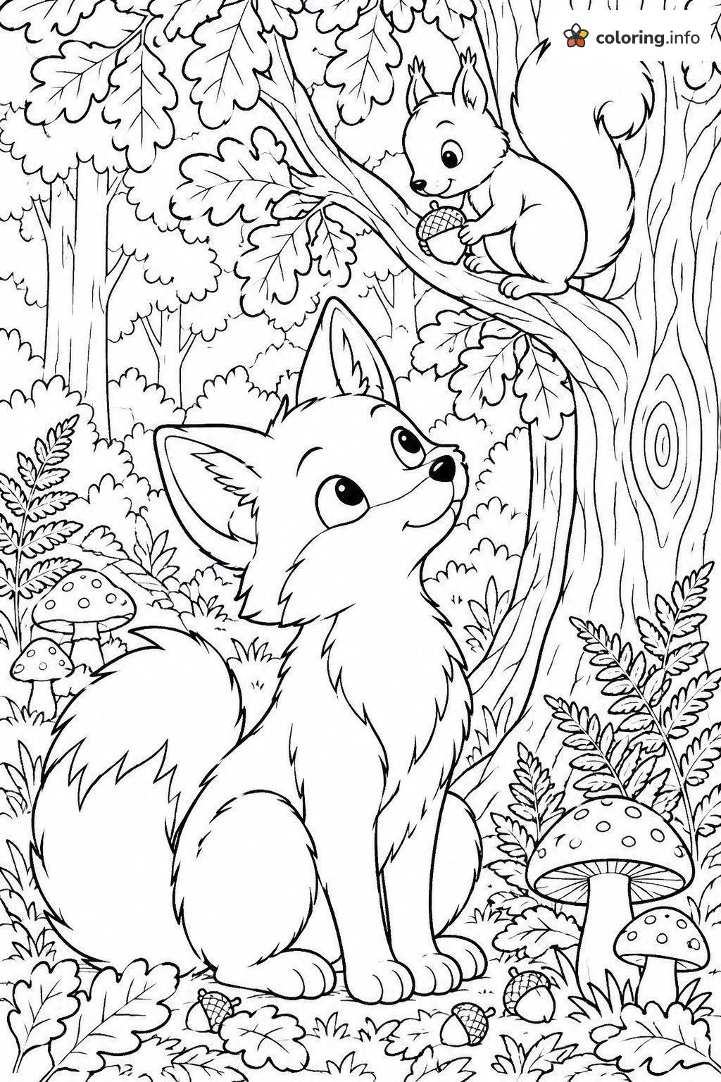 Forest Animals: Fox Watching a Squirrel with an Acorn coloring page Forest Animals: Fox Watching a Squirrel with an Acorn coloring page