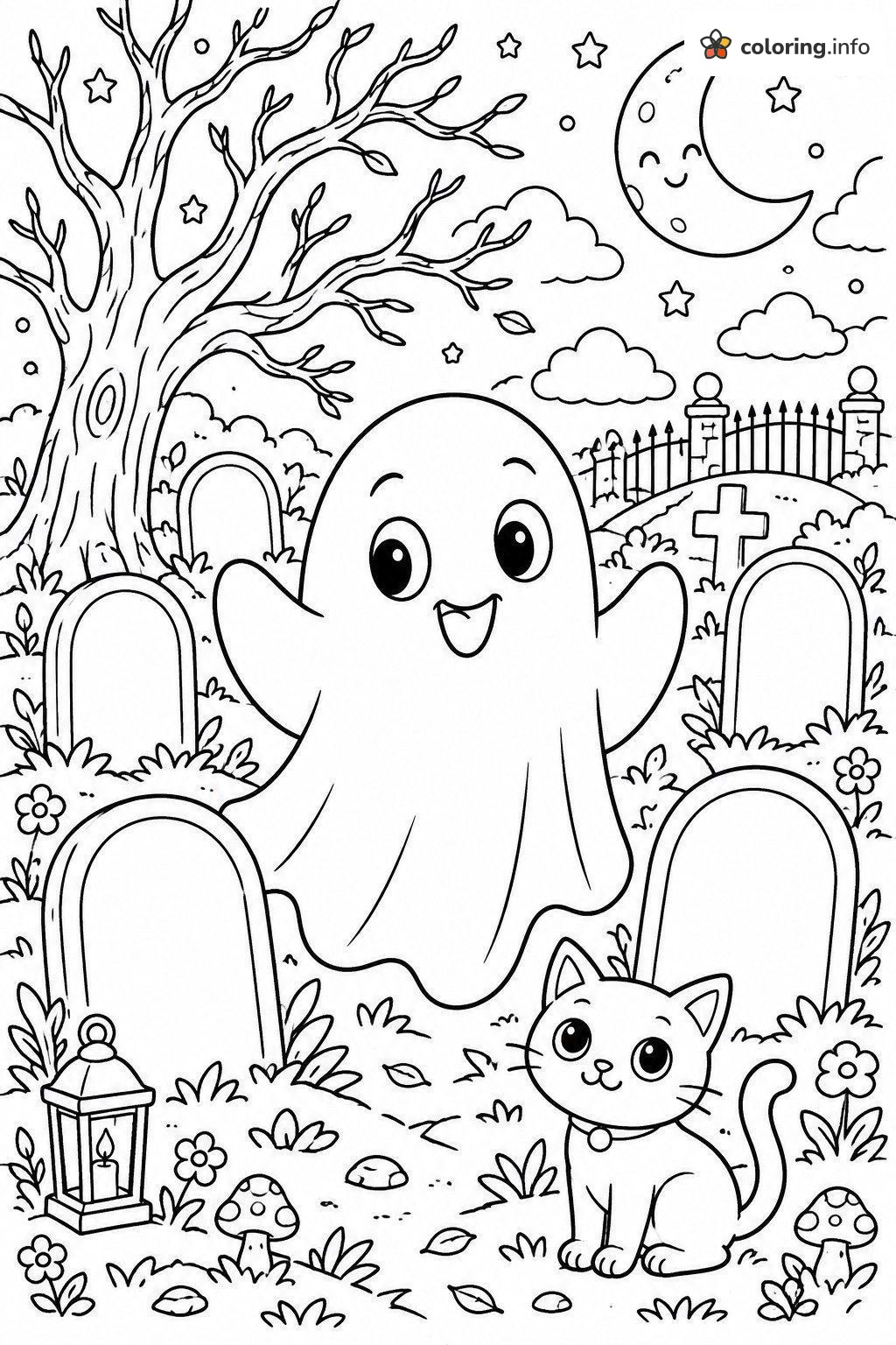 Halloween Ghost and Kitten in a Moonlit Graveyard coloring sheet Halloween Ghost and Kitten in a Moonlit Graveyard coloring sheet