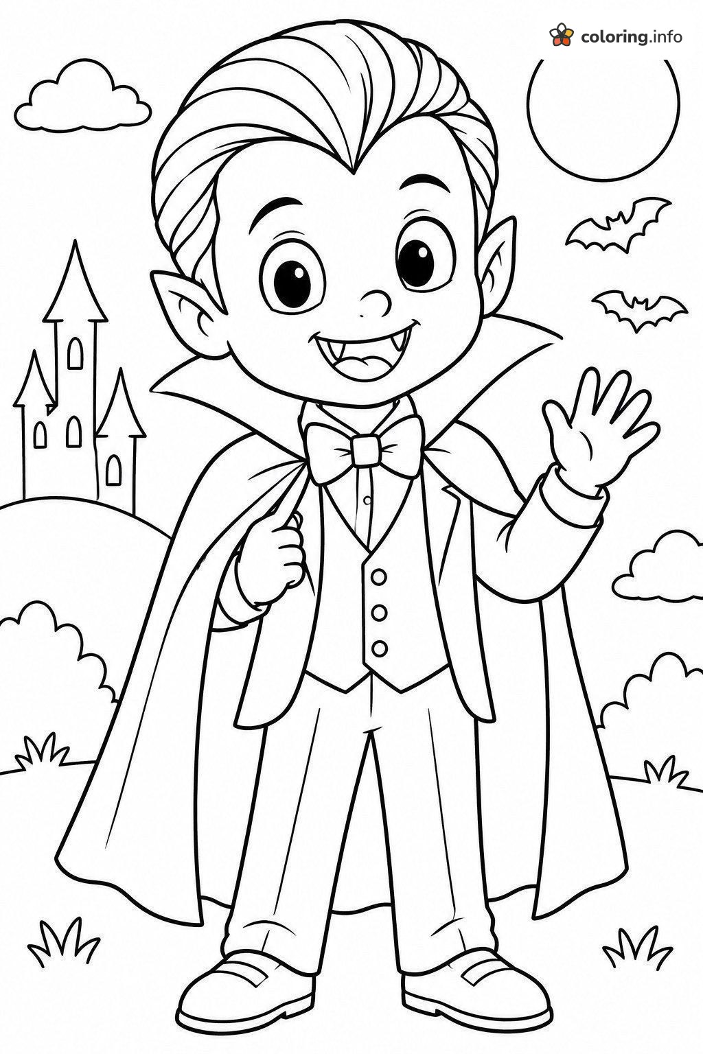 Little Vampire Boy Waving, a Halloween Castle Scene coloring sheet Little Vampire Boy Waving, a Halloween Castle Scene coloring sheet