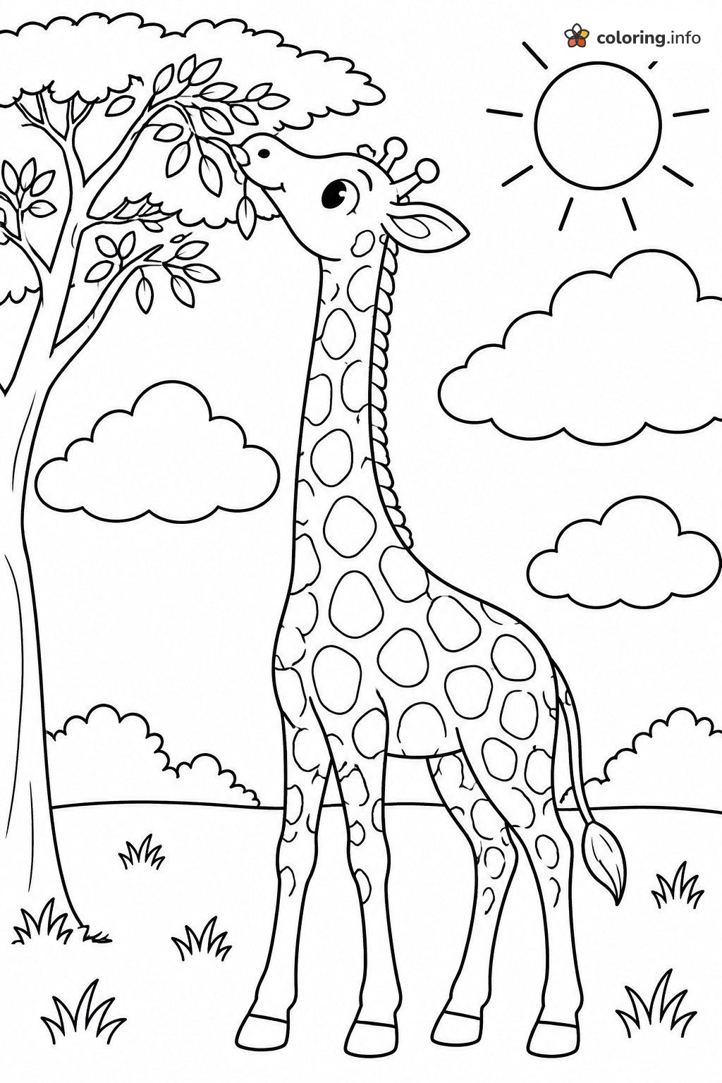 Sunny Day Giraffe Snacking on Leaves, Animals Printable coloring page Sunny Day Giraffe Snacking on Leaves, Animals Printable coloring page
