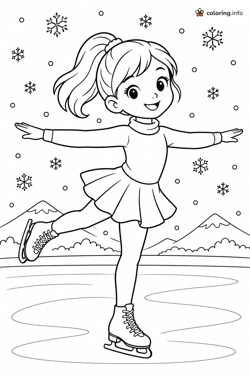 Figure Skater Gliding Through Falling Snowflakes, Sports Coloring Page Figure Skater Gliding Through Falling Snowflakes, Sports Coloring Page