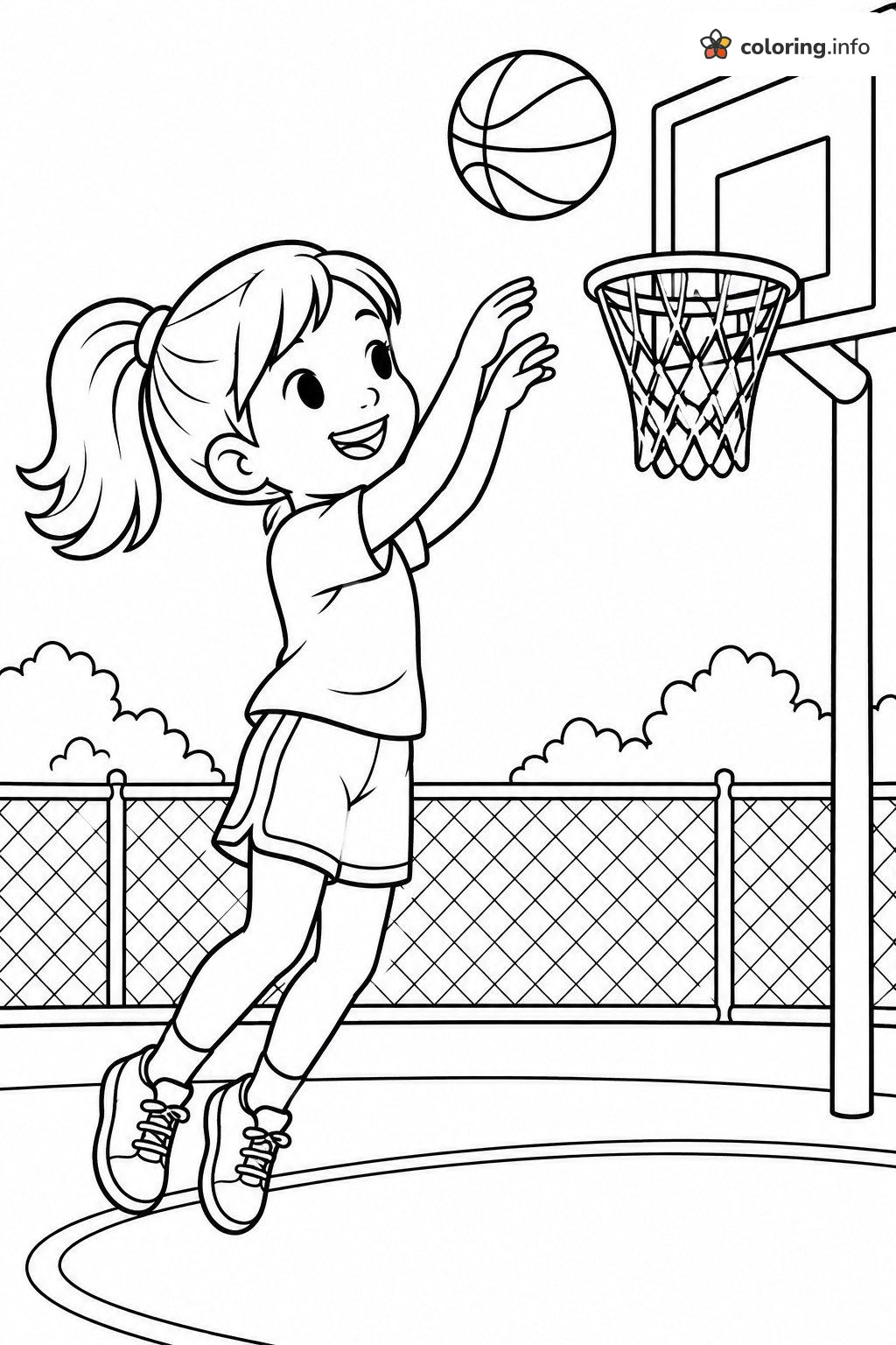 Girl Leaping to Shoot Hoops on an Outdoor Court, Sports Coloring Page Girl Leaping to Shoot Hoops on an Outdoor Court, Sports Coloring Page