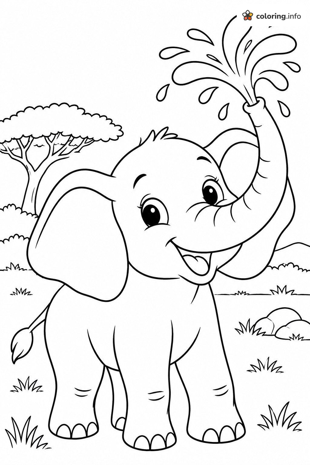 Baby Elephant Squirting a Water Fountain, Savanna Animals Page coloring page Baby Elephant Squirting a Water Fountain, Savanna Animals Page coloring page