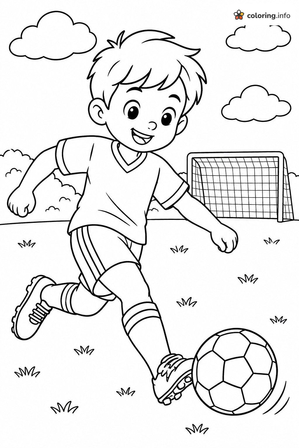 Sports Page: Happy Boy Kicking a Ball Toward the Goal printable coloring page Sports Page: Happy Boy Kicking a Ball Toward the Goal printable coloring page
