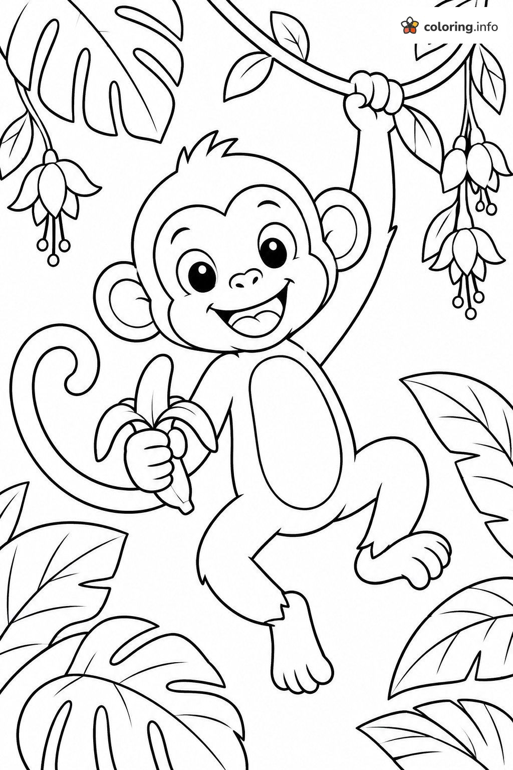 Jungle Animals Fun: Monkey Swinging with a Peeled Banana coloring page Jungle Animals Fun: Monkey Swinging with a Peeled Banana coloring page