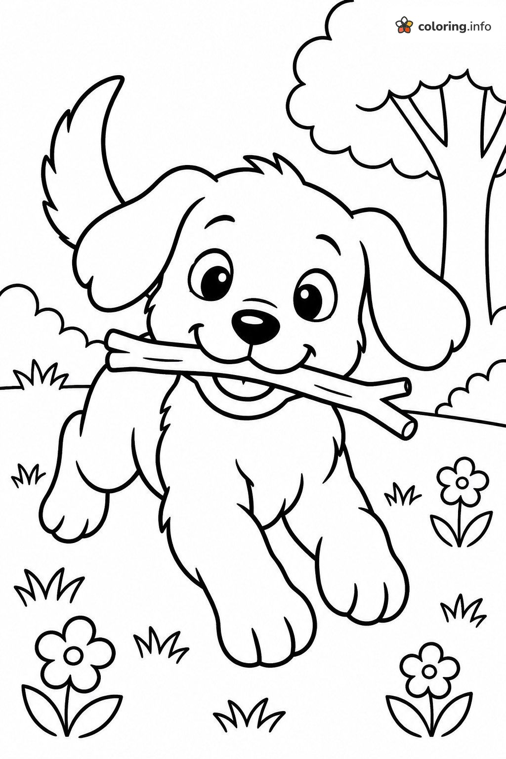 Puppy Running with a Stick, Printable Animals Coloring Page Puppy Running with a Stick, Printable Animals Coloring Page