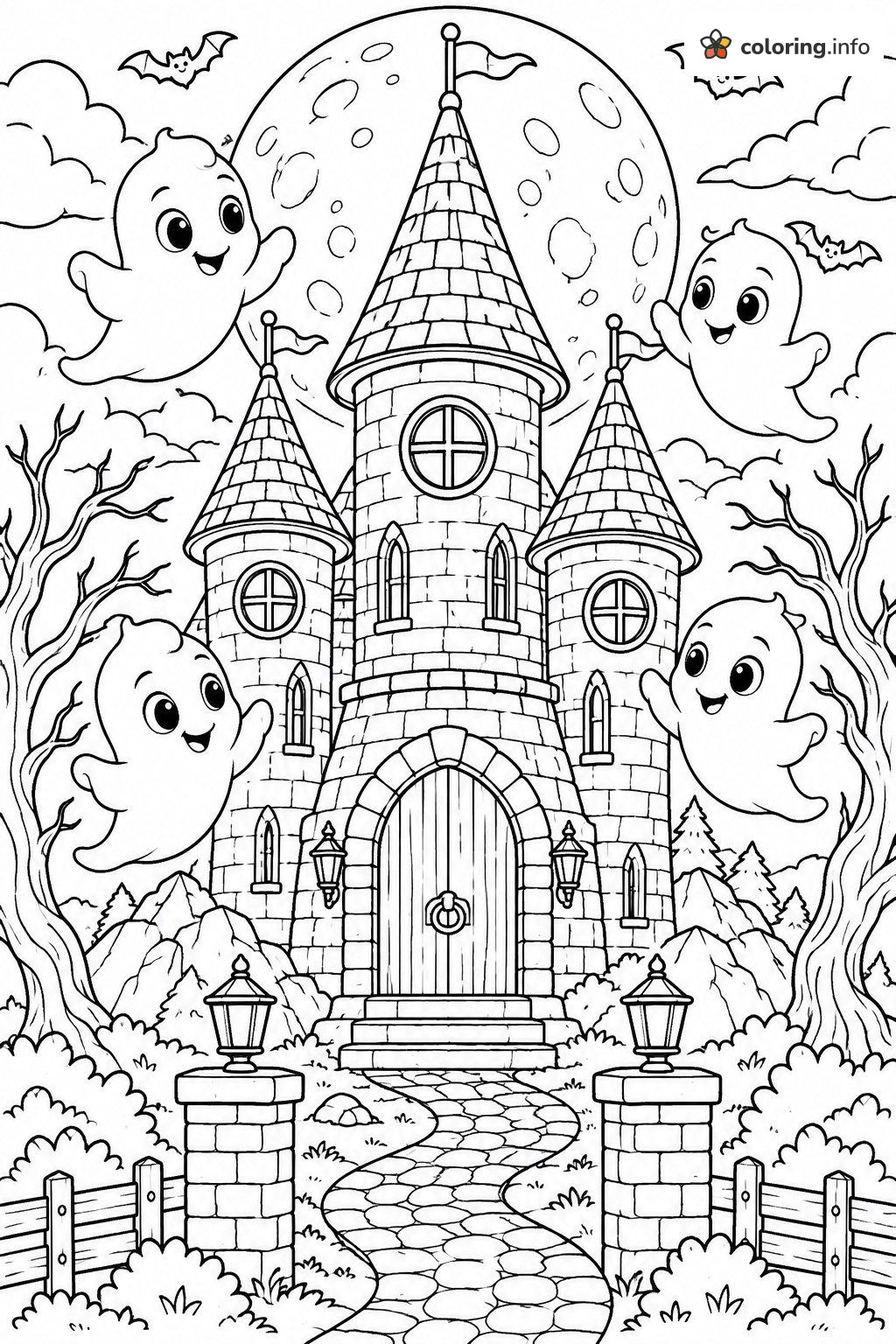 Friendly Ghosts Around a Haunted Halloween Castle coloring page Friendly Ghosts Around a Haunted Halloween Castle coloring page