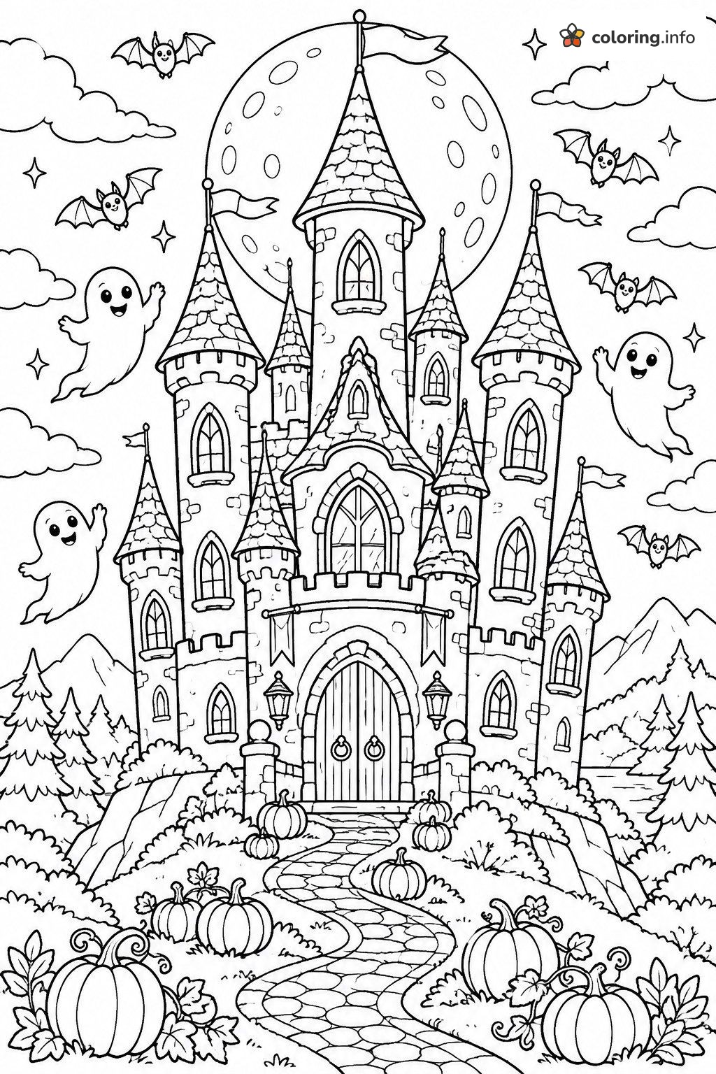 Haunted Castle Halloween Scene with Ghosts and Bats coloring page Haunted Castle Halloween Scene with Ghosts and Bats coloring page