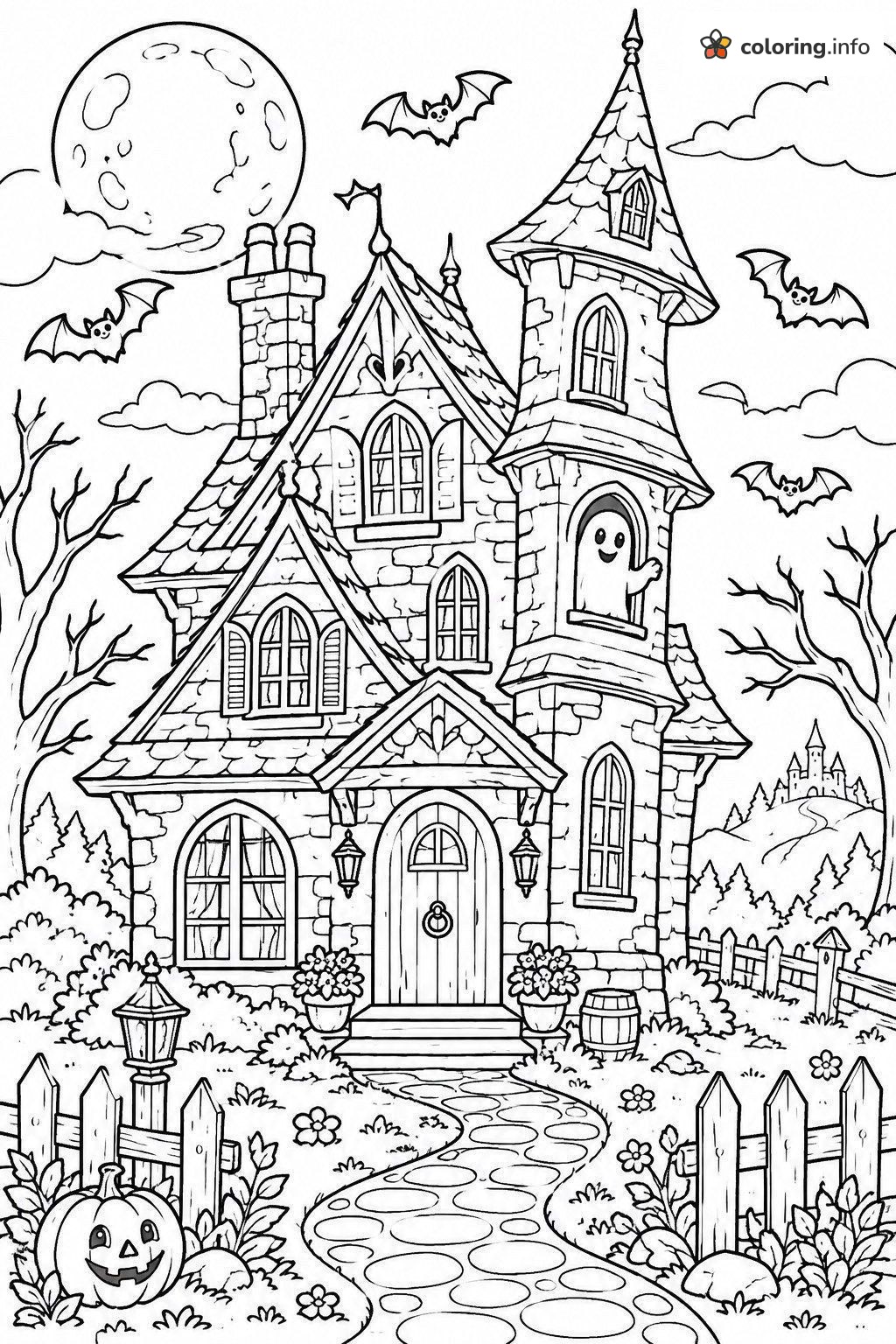 Spooky Halloween Stone Cottage With a Ghost in the Tower coloring page Spooky Halloween Stone Cottage With a Ghost in the Tower coloring page