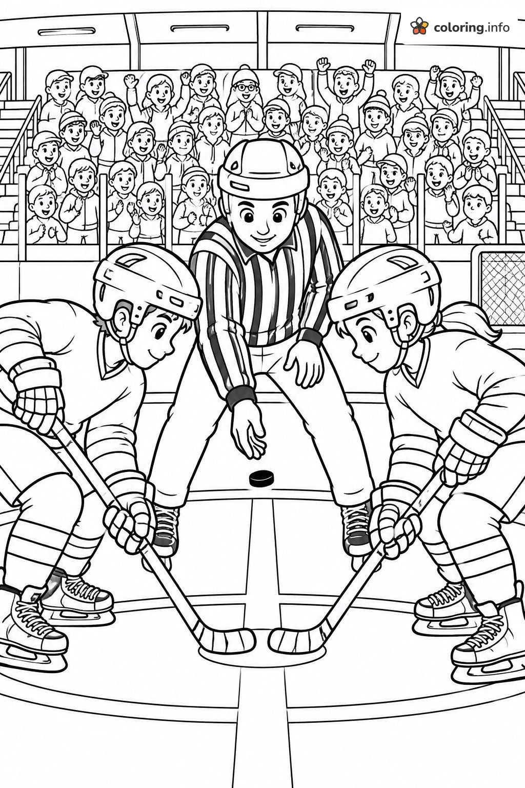 Hockey Face-Off With Referee and Cheering Crowd coloring page Hockey Face-Off With Referee and Cheering Crowd coloring page