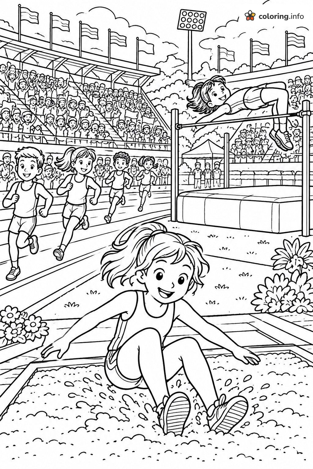 Track and Field Day: Long Jump and High Jump, Sports Coloring Page Track and Field Day: Long Jump and High Jump, Sports Coloring Page