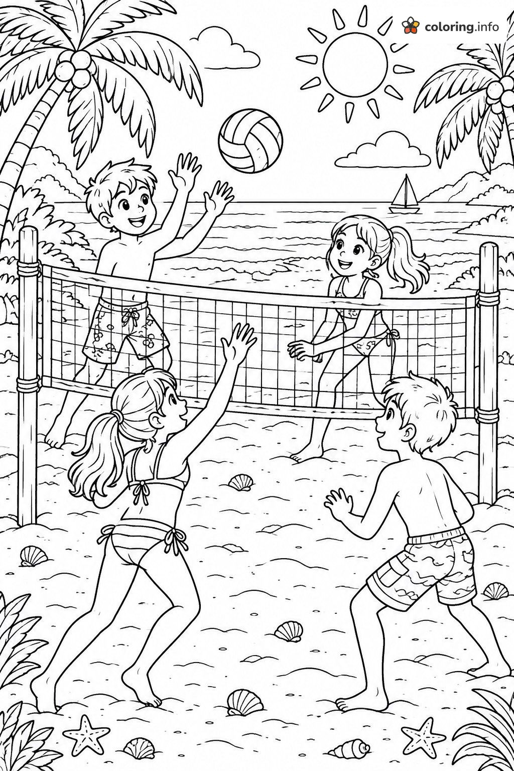 Beach Volleyball by the Ocean, Sports Coloring Page Beach Volleyball by the Ocean, Sports Coloring Page