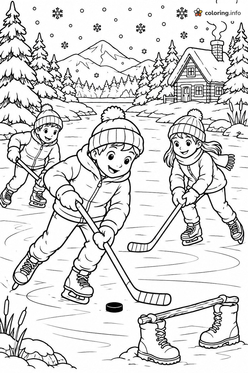 Kids Playing Pond Hockey in Snowy Woods coloring page Kids Playing Pond Hockey in Snowy Woods coloring page