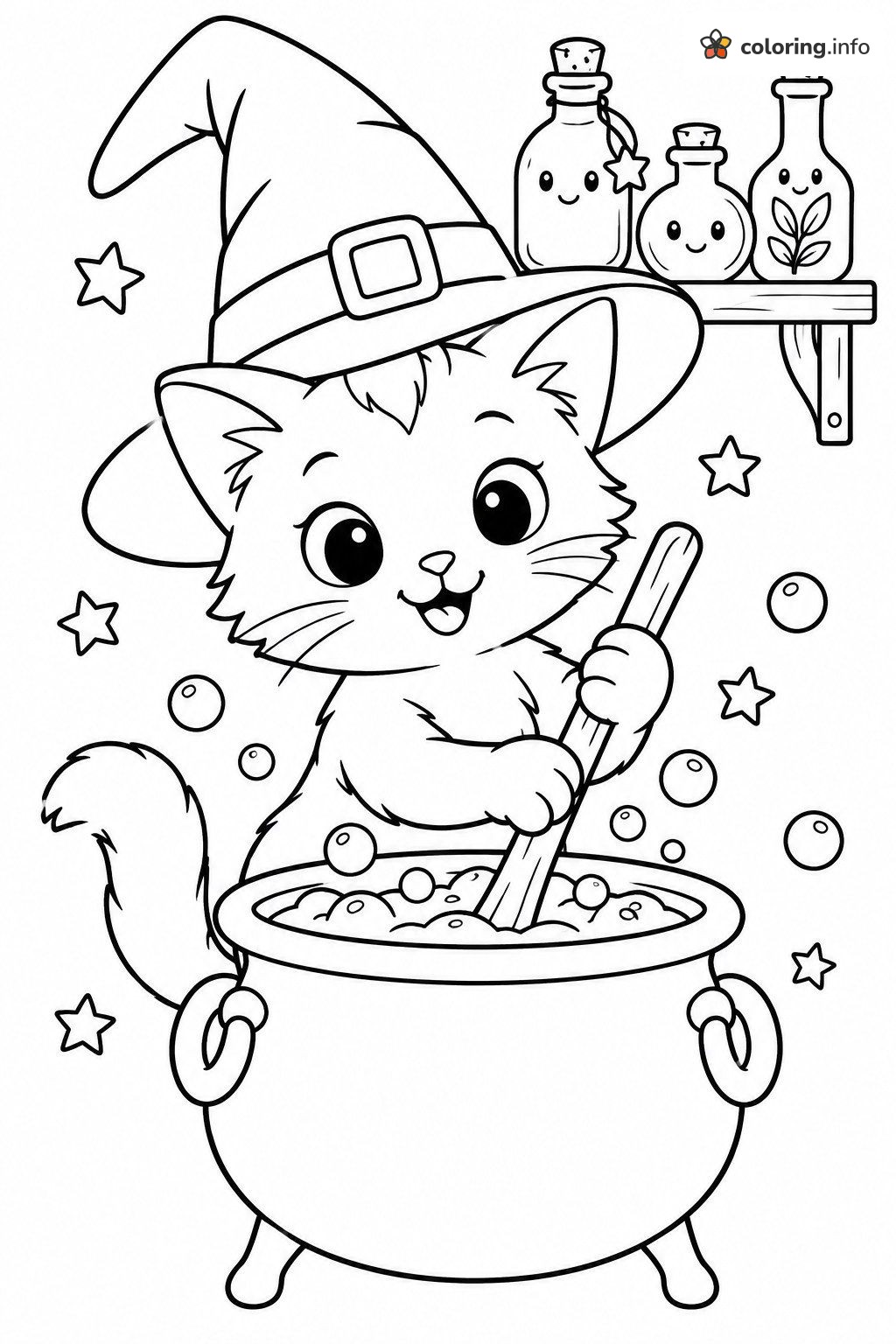 Kitten Witch Halloween Cauldron and Potion Bottles coloring page Kitten Witch Halloween Cauldron and Potion Bottles coloring page