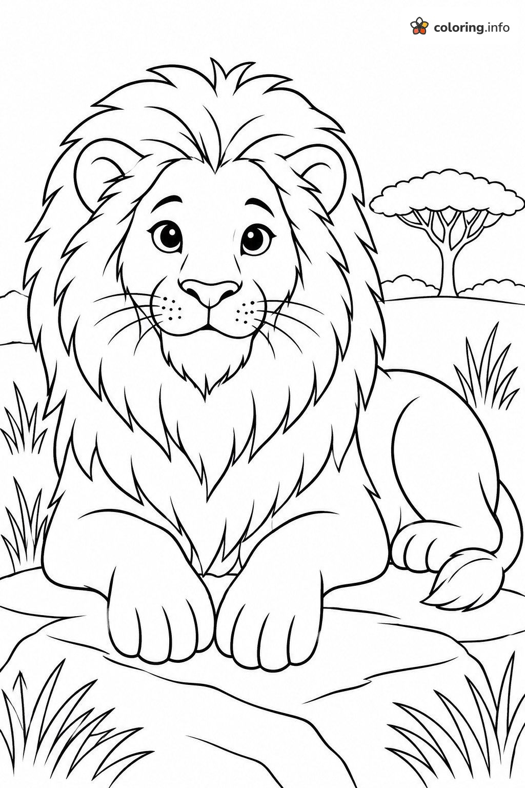 Lion Lounging on a Savanna Rock, Animals Coloring Page Lion Lounging on a Savanna Rock, Animals Coloring Page