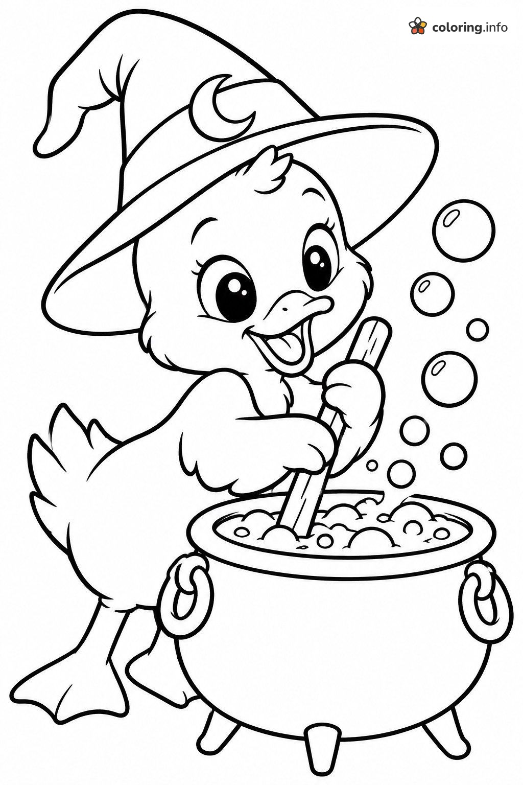 Little Duckling Witch and Her Halloween Cauldron Coloring Page Little Duckling Witch and Her Halloween Cauldron Coloring Page