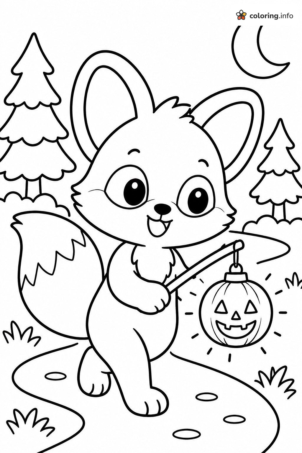 Baby Fox with a Halloween Jack-o'-Lantern on a Moonlit Path coloring page Baby Fox with a Halloween Jack-o'-Lantern on a Moonlit Path coloring page