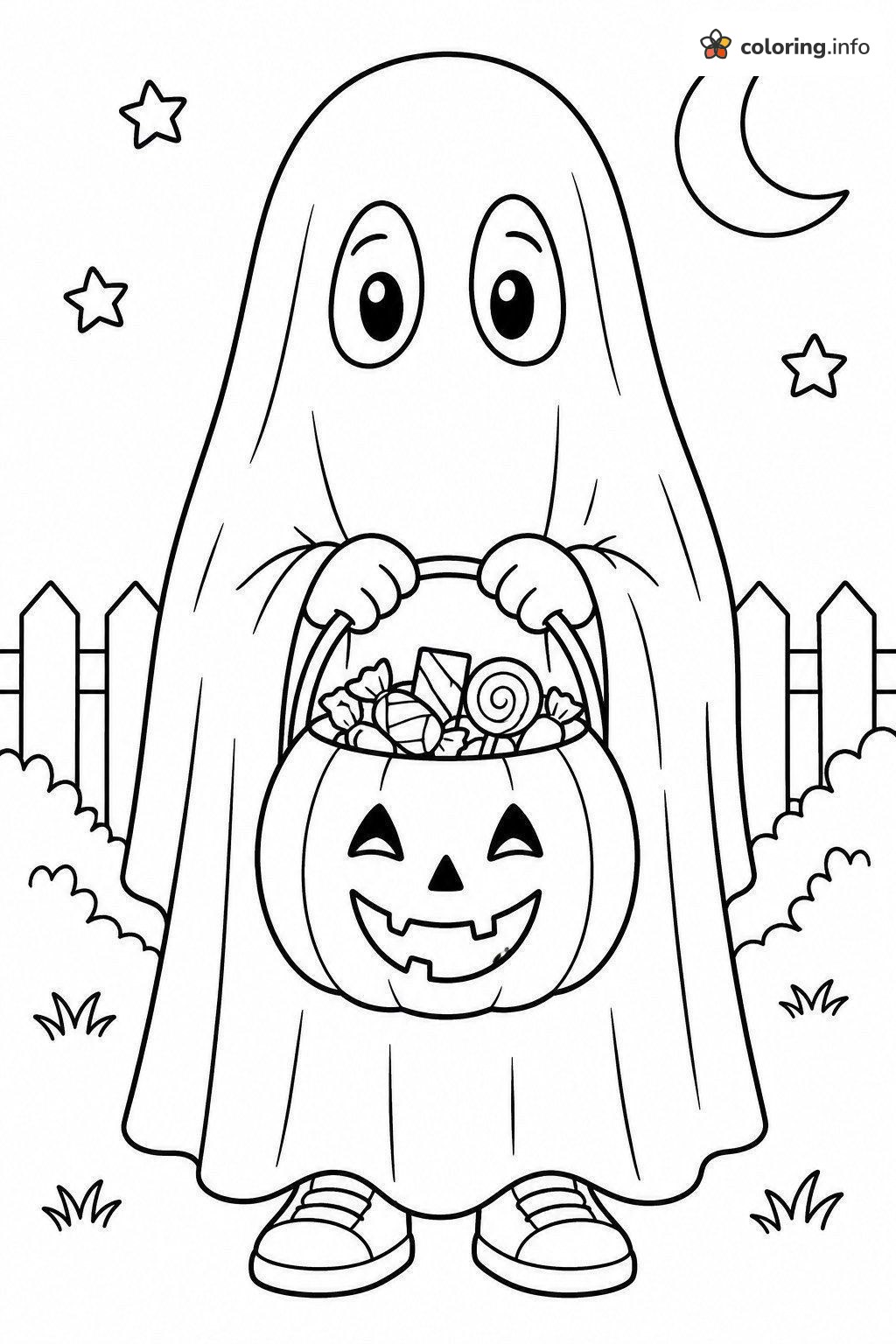 Trick-or-Treating Ghost Kid With a Halloween Candy Bucket coloring sheet Trick-or-Treating Ghost Kid With a Halloween Candy Bucket coloring sheet