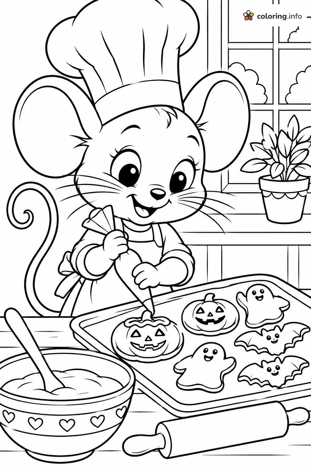 Little Mouse Chef Decorating Halloween Cookies coloring page Little Mouse Chef Decorating Halloween Cookies coloring page