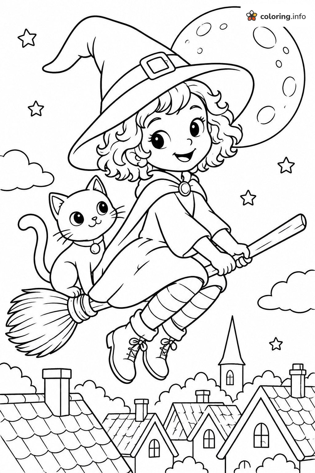 Little Witch and Cat Flying Over Halloween Rooftops coloring page Little Witch and Cat Flying Over Halloween Rooftops coloring page