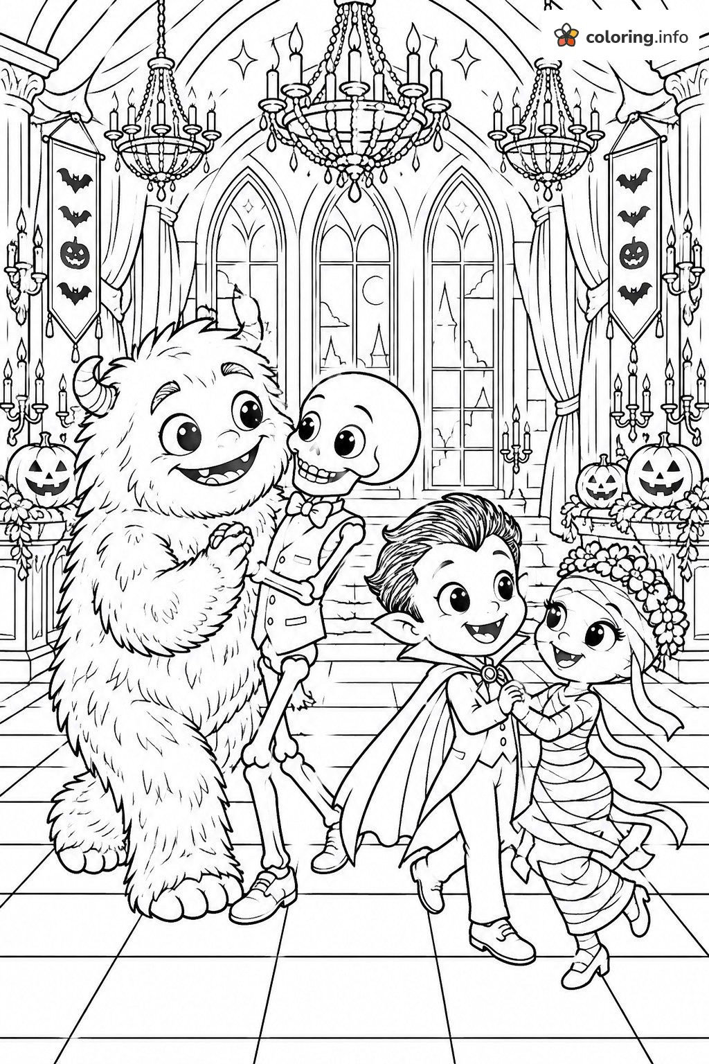 Monster, Skeleton, Vampire and Mummy at a Halloween Ball coloring page Monster, Skeleton, Vampire and Mummy at a Halloween Ball coloring page