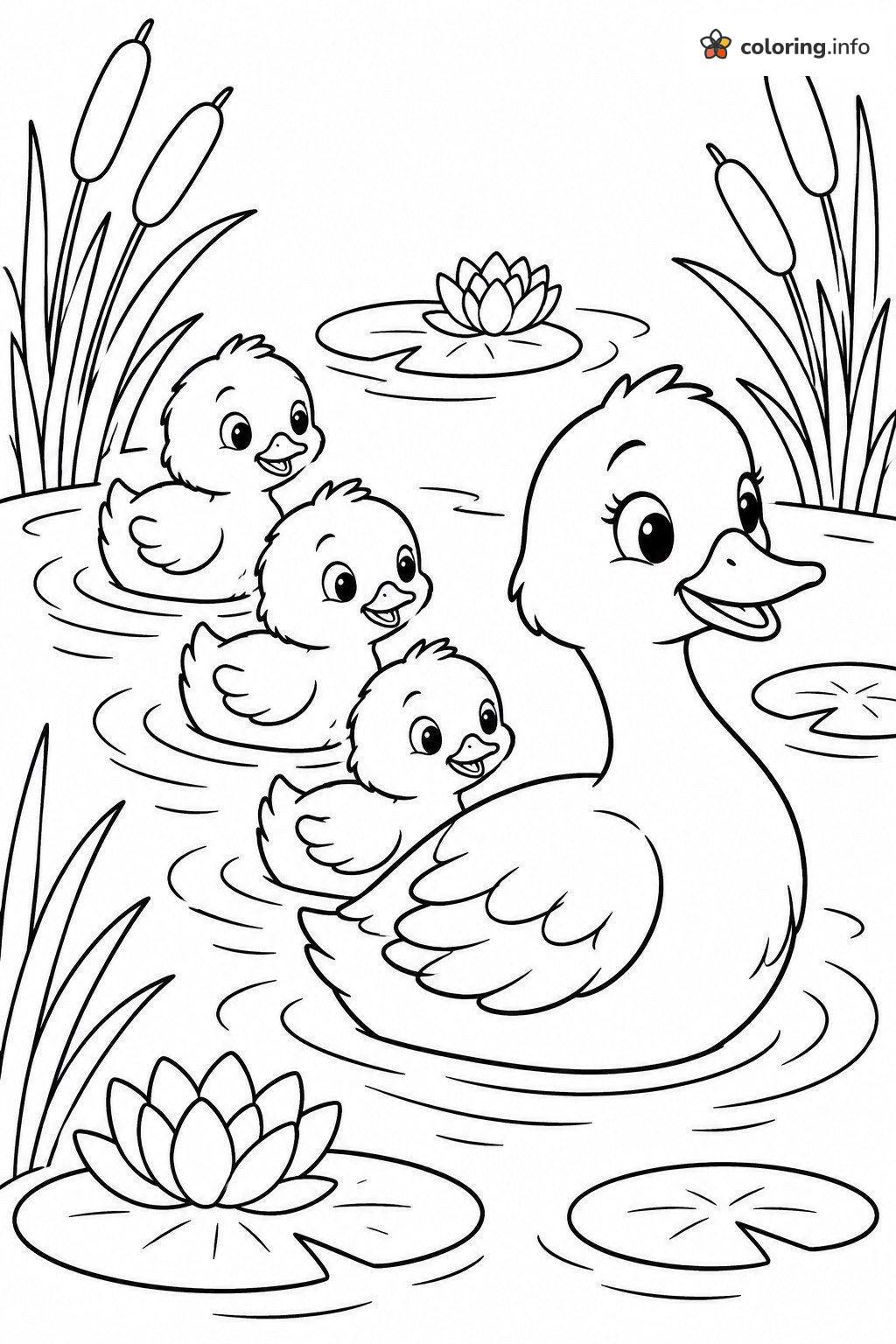 Duck Family in a Lily Pond: Animals Coloring Page Duck Family in a Lily Pond: Animals Coloring Page
