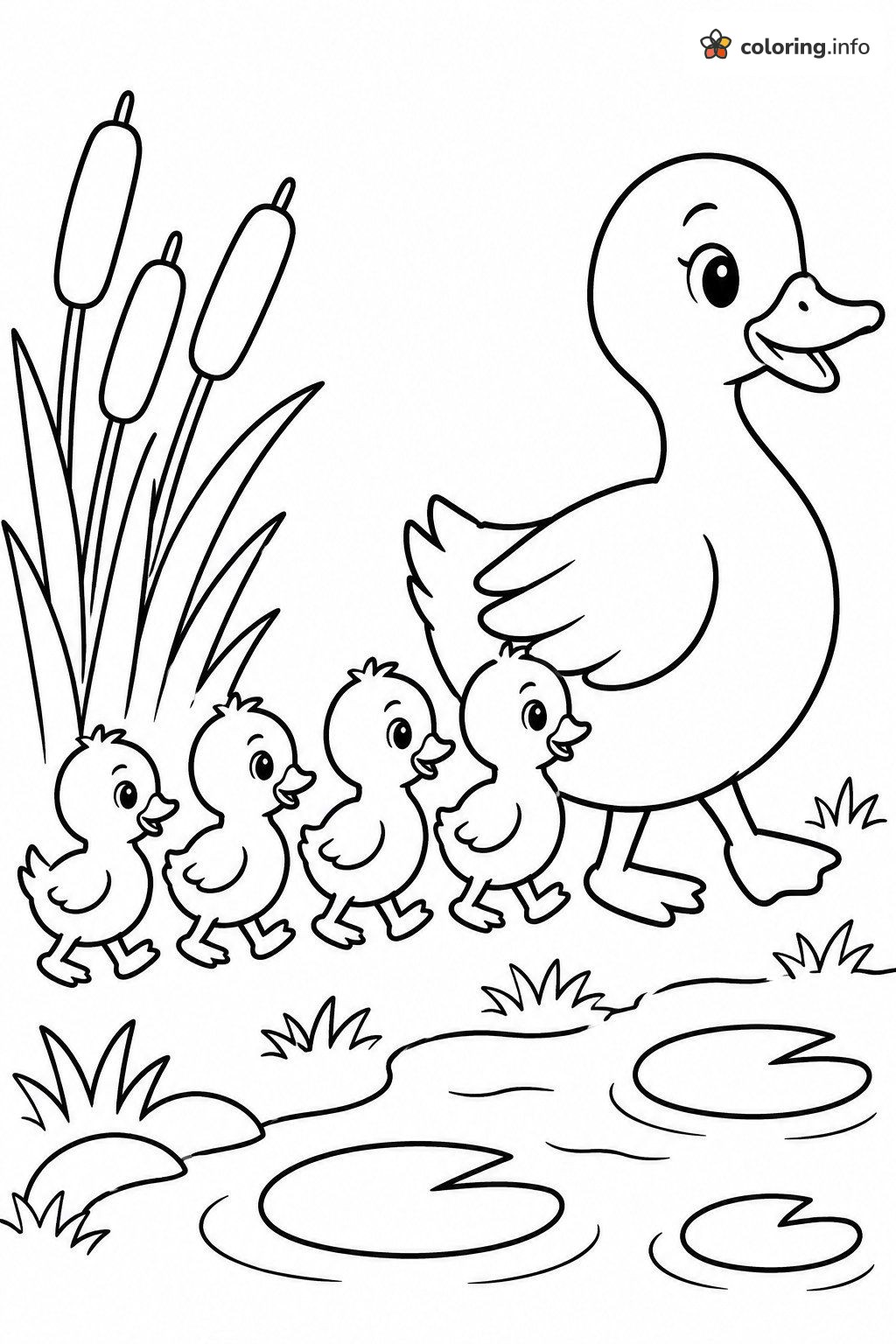 Animals on a Pond Walk: Mother Duck and Four Ducklings coloring page Animals on a Pond Walk: Mother Duck and Four Ducklings coloring page