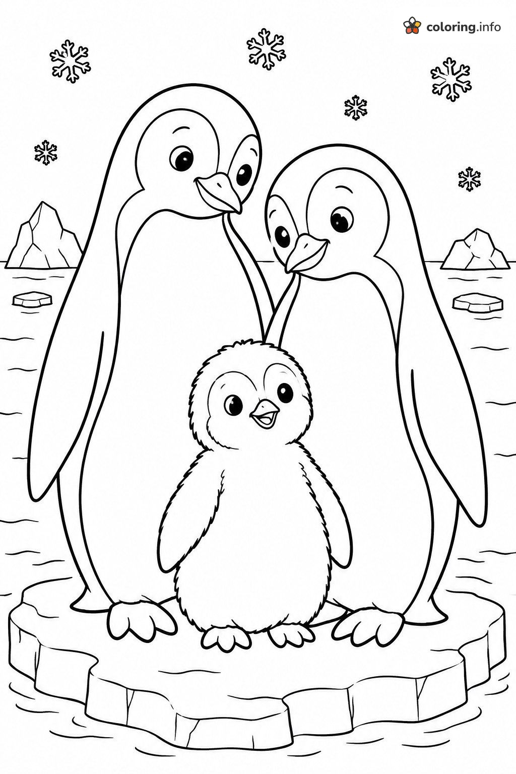 Penguin Parents and Chick on an Ice Floe, Animals Coloring Penguin Parents and Chick on an Ice Floe, Animals Coloring