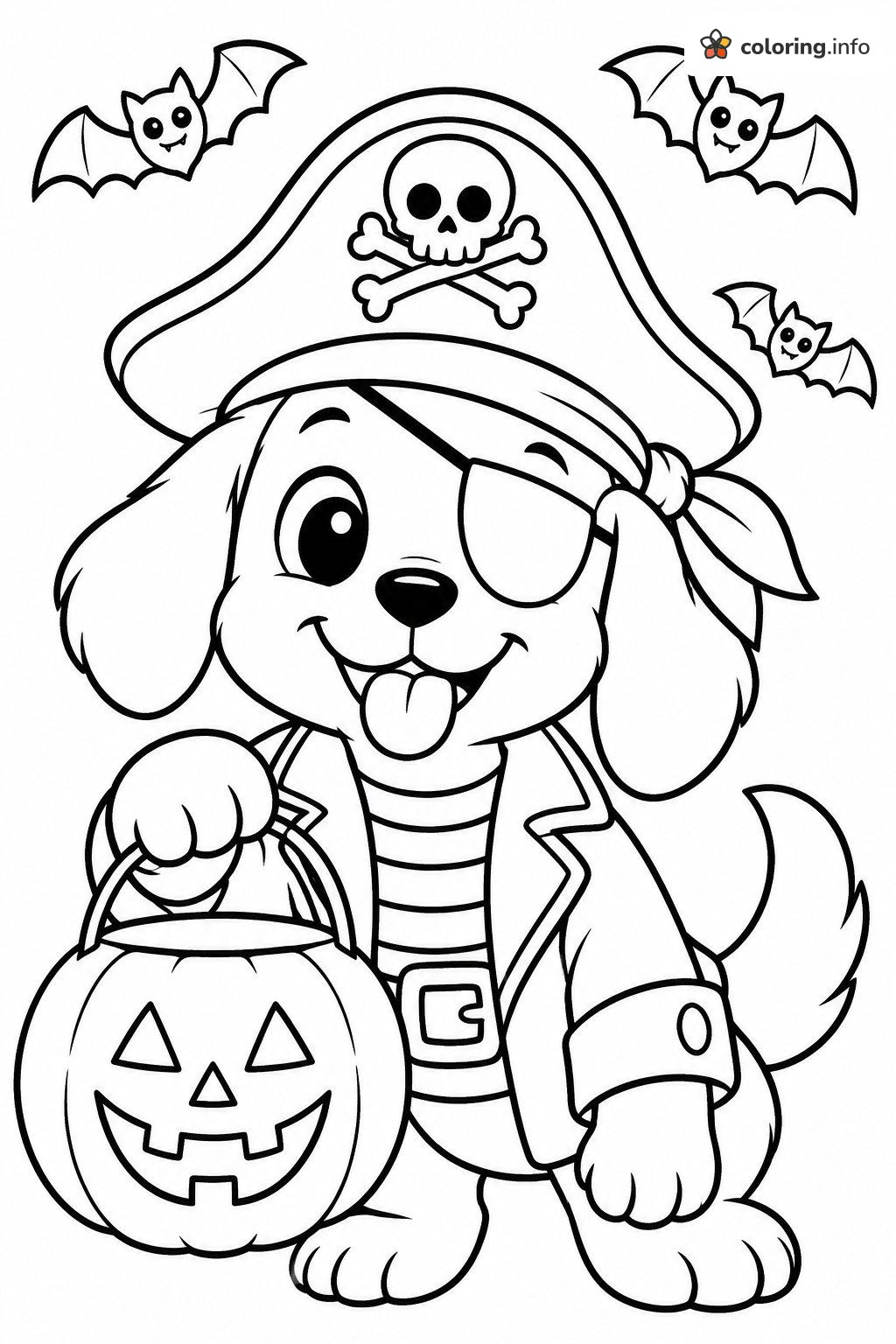 Pirate Puppy with a Halloween Candy Bucket and Bats coloring page Pirate Puppy with a Halloween Candy Bucket and Bats coloring page