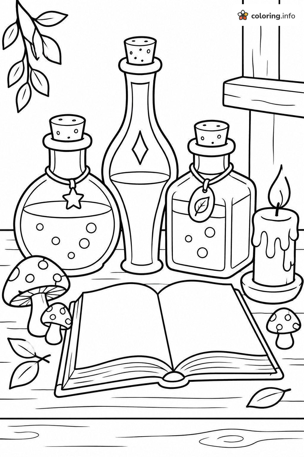 Halloween Potion Bottles, Spellbook and Candle on a Shelf coloring page Halloween Potion Bottles, Spellbook and Candle on a Shelf coloring page
