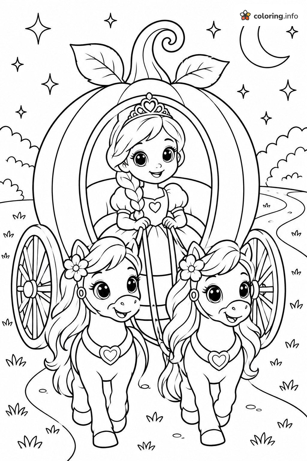 Princess in a Pumpkin Carriage with Two Ponies for Halloween coloring page Princess in a Pumpkin Carriage with Two Ponies for Halloween coloring page