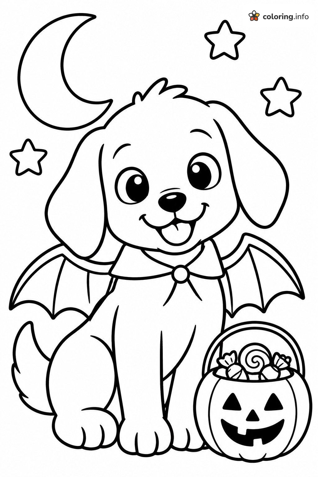 Puppy Bat Costume and Pumpkin Bucket for Halloween coloring page Puppy Bat Costume and Pumpkin Bucket for Halloween coloring page