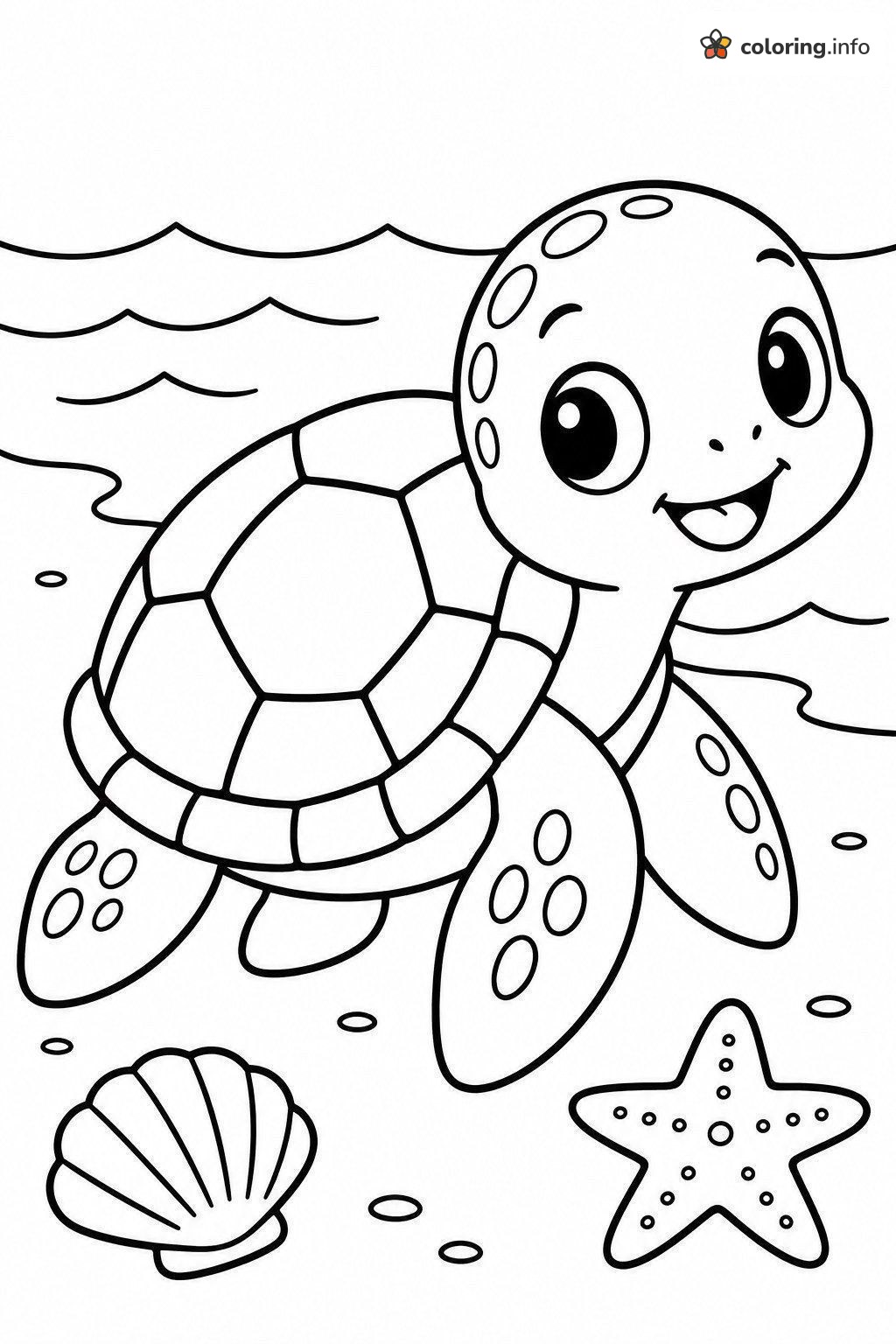 Baby Sea Turtle with Starfish and Shell: Ocean Animals coloring page Baby Sea Turtle with Starfish and Shell: Ocean Animals coloring page