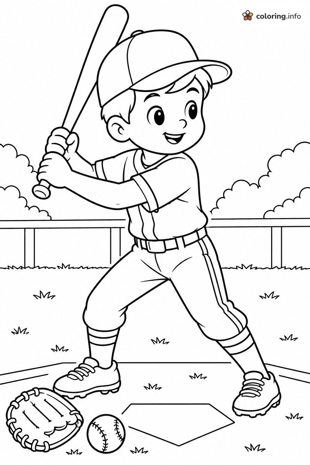 Young Baseball Batter at Home Plate, Sports Coloring Page Young Baseball Batter at Home Plate, Sports Coloring Page