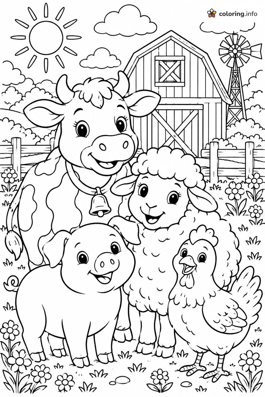 Barnyard Animals Smiling Together: Cow, Pig, Sheep and Chicken coloring page Barnyard Animals Smiling Together: Cow, Pig, Sheep and Chicken coloring page