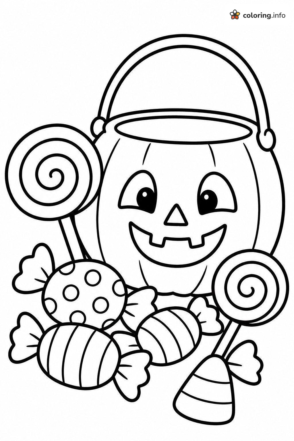 Jack-o'-Lantern Bucket Piled With Halloween Treats coloring page Jack-o'-Lantern Bucket Piled With Halloween Treats coloring page
