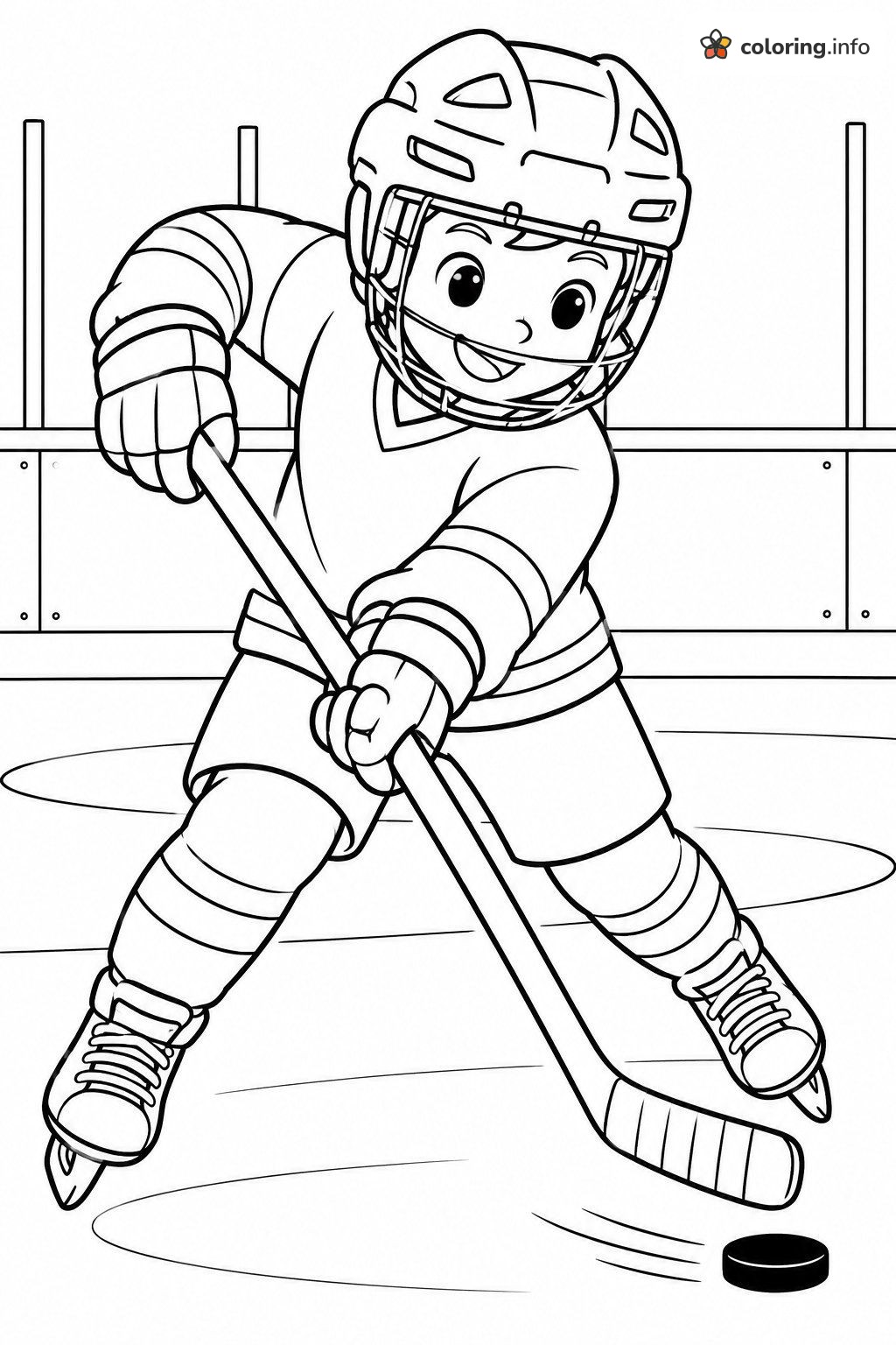 Smiling Kid Hockey Player Skating With Puck coloring page Smiling Kid Hockey Player Skating With Puck coloring page